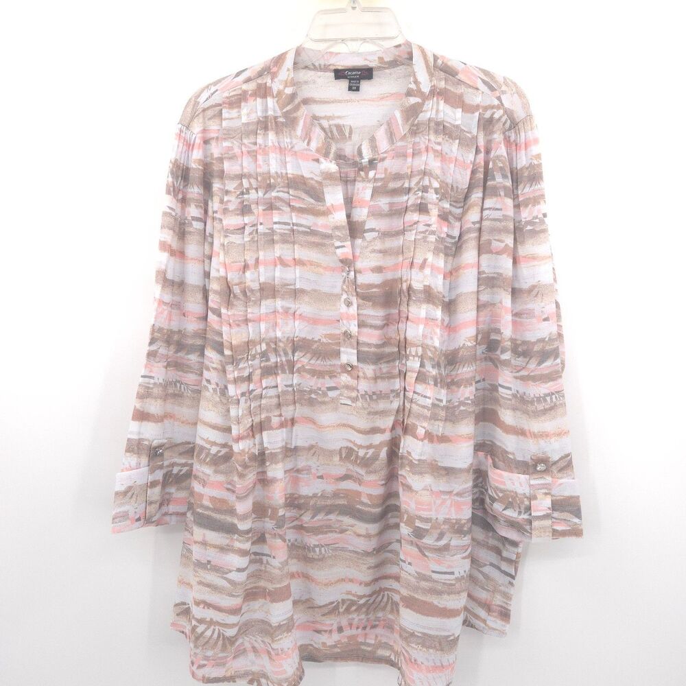 Cocomo womens button popover tunic top Size 3X roll‎ tab sleeves pink brown